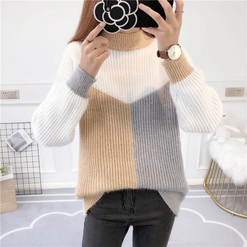 Fall/Winter Women's Color-Blocked Sweaters Loose Pullover Knitwear Half-Turtleneck Stretch Knit Sweater Jumper
