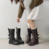 2025 Autumn/Winter Women's Retro British Mid-Calf Lace-Up Belt Buckle Martin Boots - Thick Sole, Height Increasing Western Style