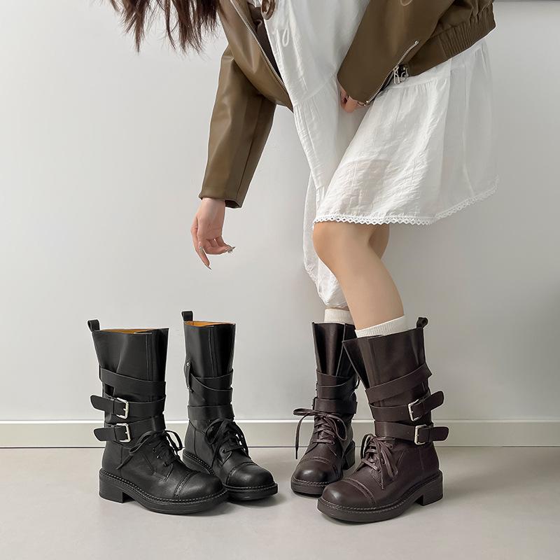 2025 Autumn/Winter Women's Retro British Mid-Calf Lace-Up Belt Buckle Martin Boots - Thick Sole, Height Increasing Western Style