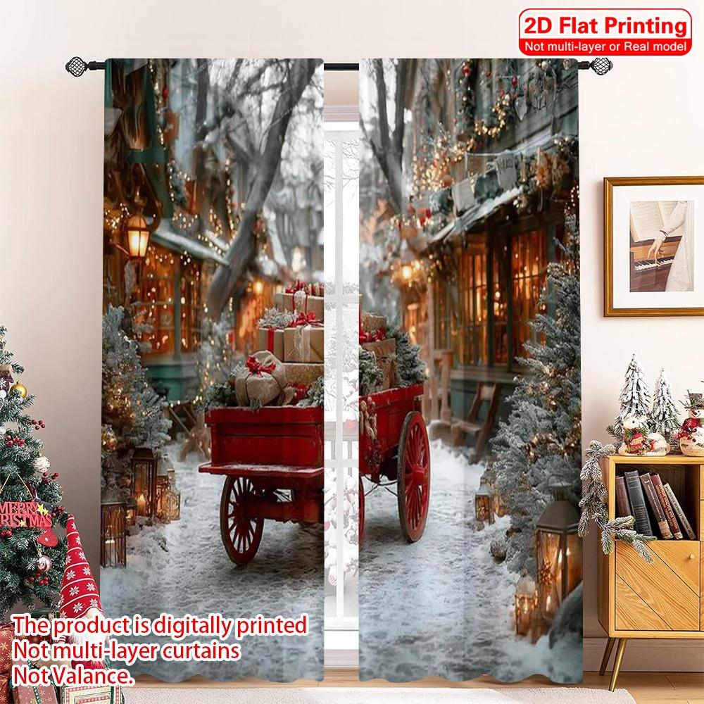 

Set Of 2 Flat Printing Merry Christmas Curtain Red Van Gifts Versatile Polyester Fabric Without Electricity Festive Holiday Curtains Made W100*H70(CM)-Hooks&2PCS