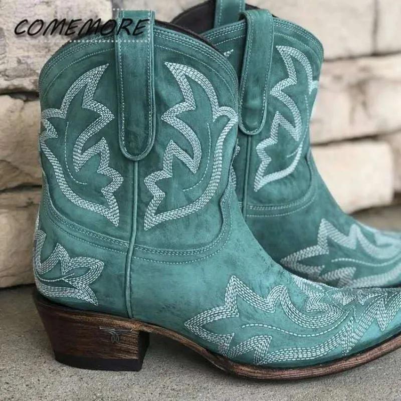 Embroidery Botas Mujer Leather PU Cowboy Ankle Boots for Women's Wedge High Heel Boots Snake Print Western Cowgirl Boots Autumn