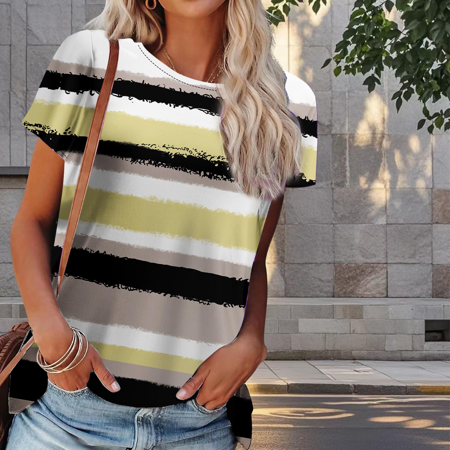 

Женская летняя футболка с полосатым принтом в стиле ретро, футболки с коротким рукавом, повседневные топы с принтом 8XL жёлтый