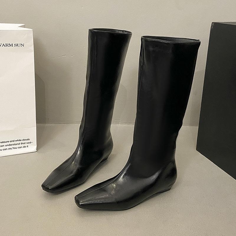 Versatile Temperament Low Heel Knight Boots Women's Autumn Korean Version Simple Pointed Sleeve High Slope Heel Boots Retro Boots