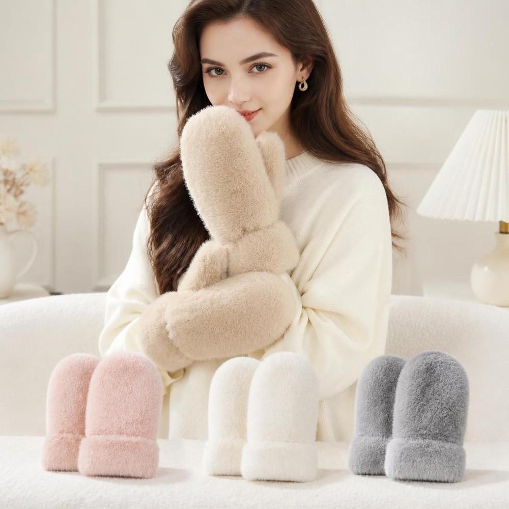 1pair Windproof Plush Gloves Thickened Winter Mittens Simple Full-Finger Gloves  Women