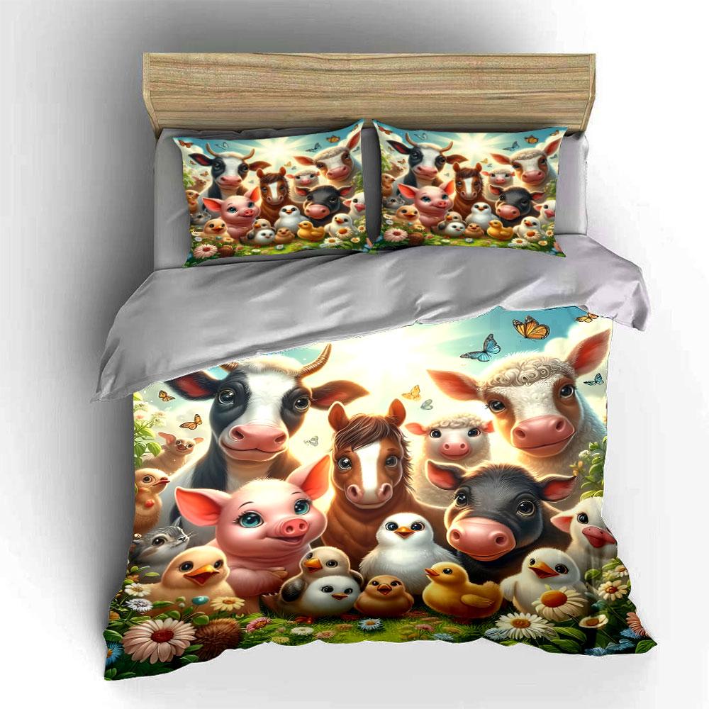 Farm Animals and Nature Cartoon Design Print Bedding Set Duvet Cover Pillowcases (1* Duvet Cover 2* Pillowcases Do Not Include Comforter)