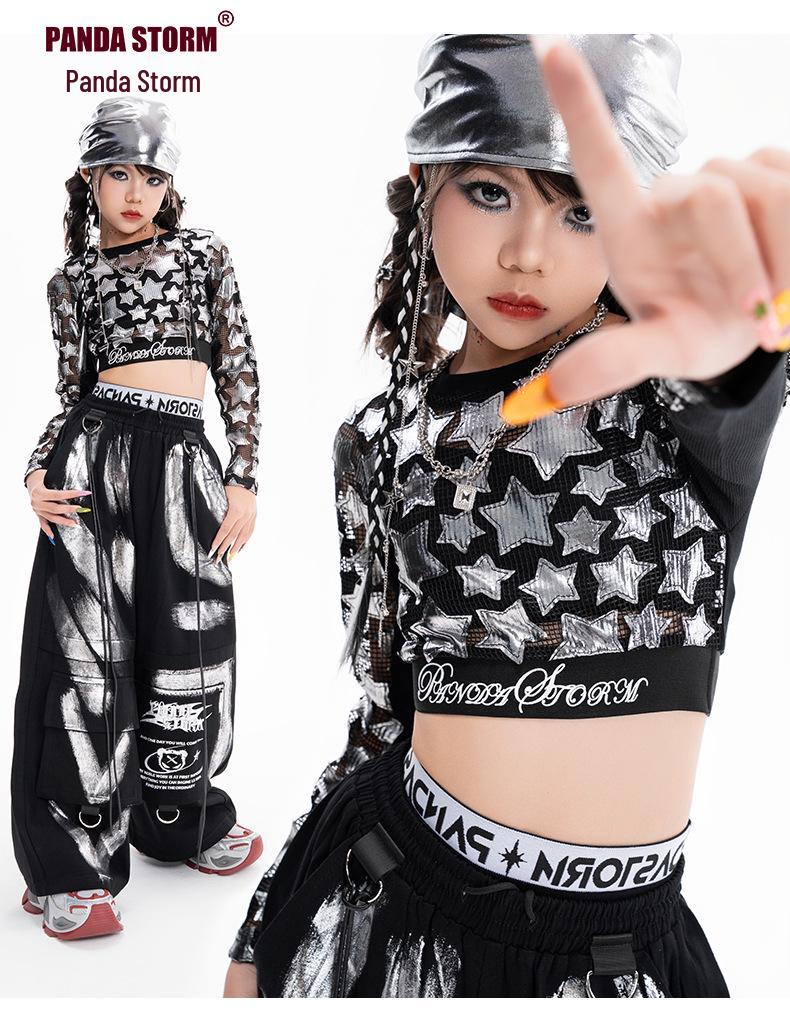 Girls' Jazzy Crop Long-Sleeve Top & Pants Set - Children's Street Dance Costume