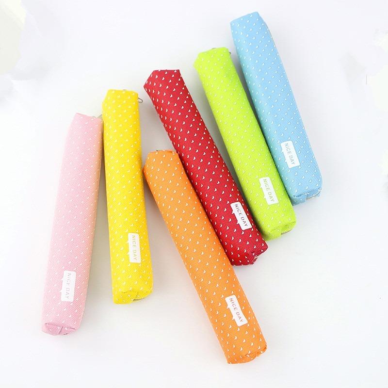 Strip Shape Candy Pencil Case Bag Dots Canvas Pens Storage Bag Stationery Pouch for Kids Girls Portable Lipstick Bag