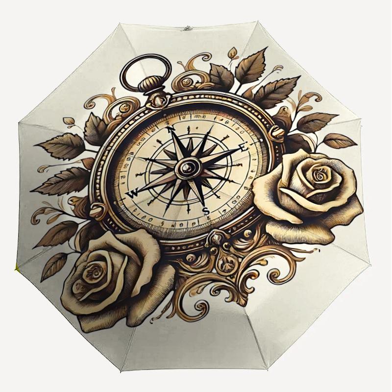 1 Stück Kompassrosen Automatischer Öffnungs-/Schließschirm mit Winddichtigkeit, stabiles 8-Rippen-Dach, langlebige Rippen, modisches Design 1300A
