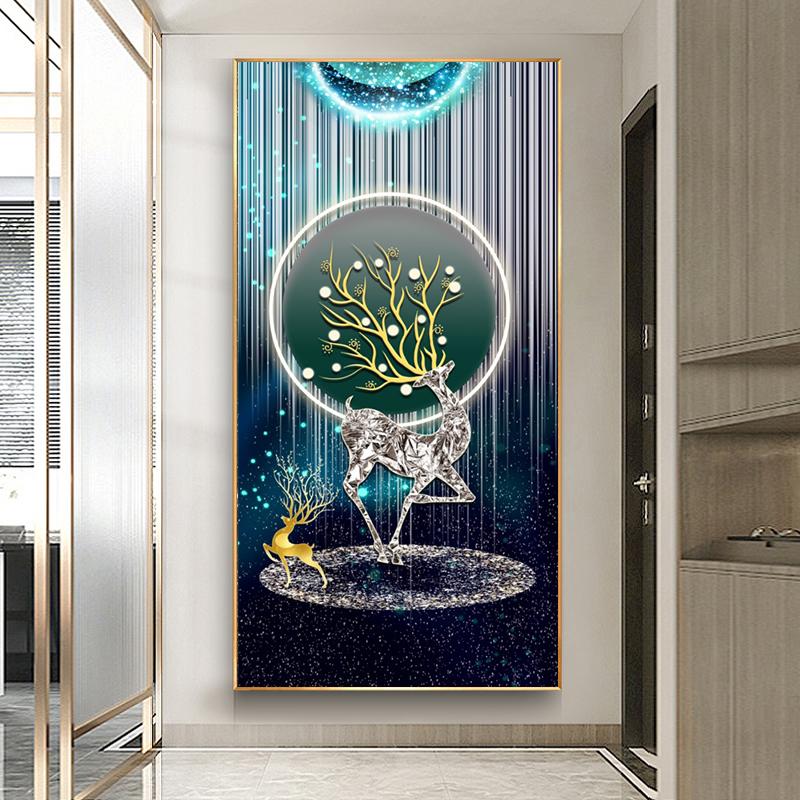 Abstract Fengshui Golden Deer Canvas Painting Zen Stone Posters and Prints Modern Luxury Leaves Wall Art for Porch Decor Unframe