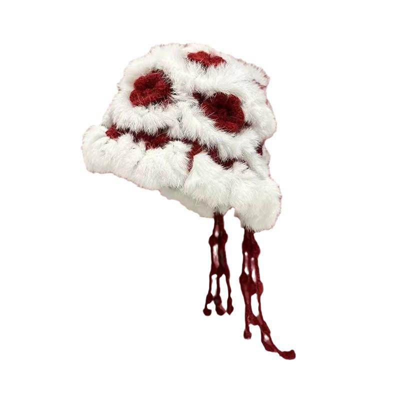 Rabbit fur flower knitted plush hat women's autumn and winter thickened warm face basin hat small versatile fringed bucket hat