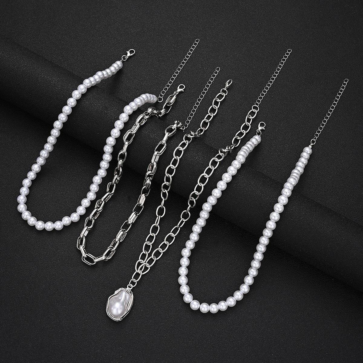 Vintage Multi Layer Imitation Pearl Necklace for Women Irregular Pearl Pendant Silver Chain Choker Elegant Daily Fashion Jewelry Silver
