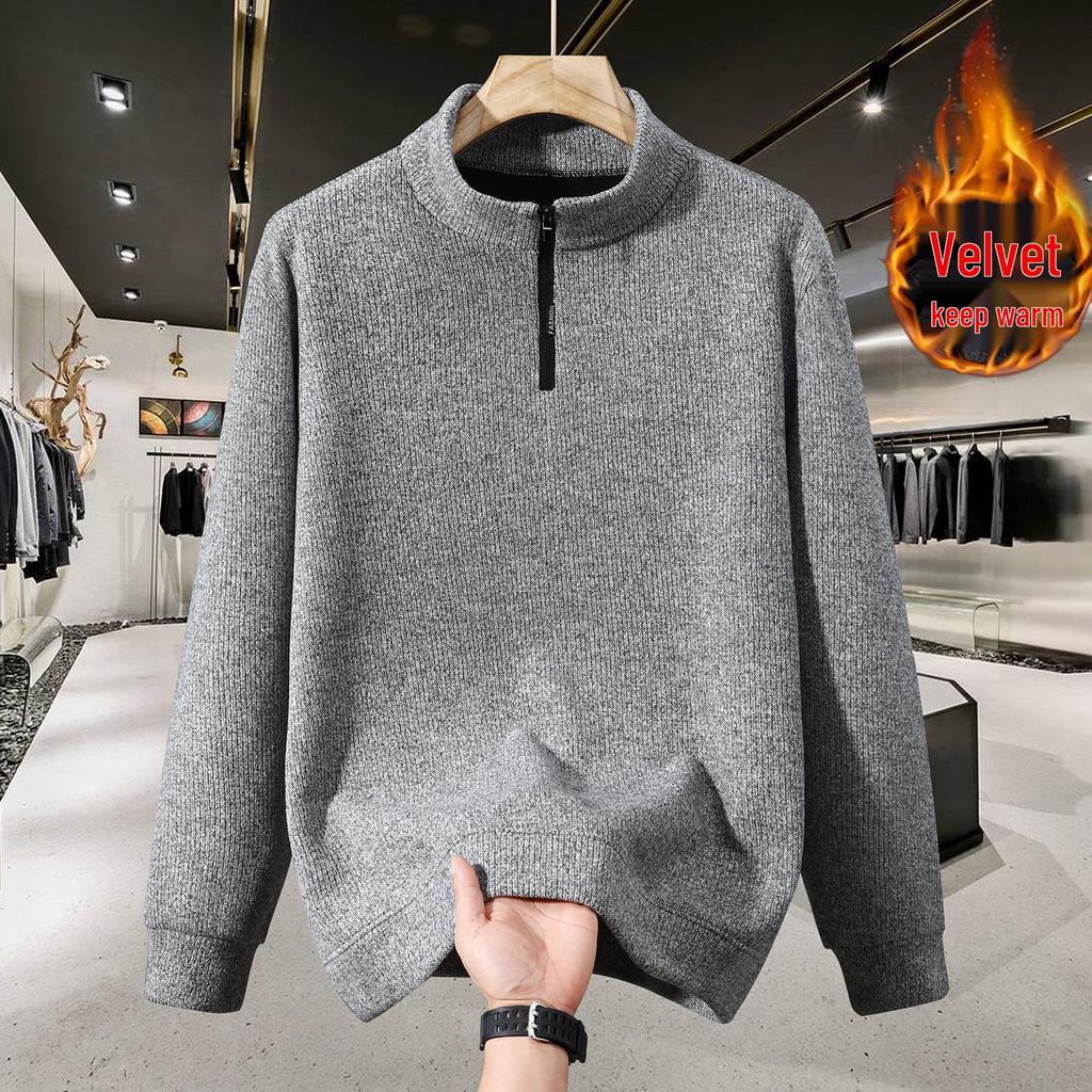 Hanorac cu fermoar pentru bărbați, mărime mare, căptușit cu fleece, mânecă lungă îngroșată, croială casual largă pentru toamnă/iarnă.