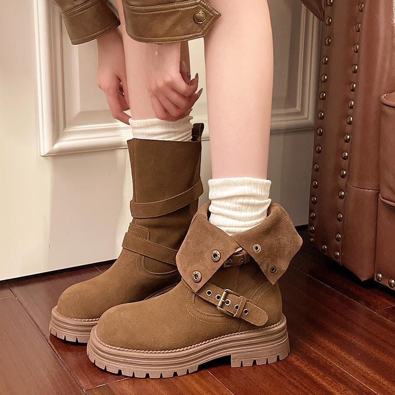 Fashion Studded Metal Buckle Platform Single Boots Women's Autumn New Round Toe Upper Foot Non-Slip Block Heel Short Boots