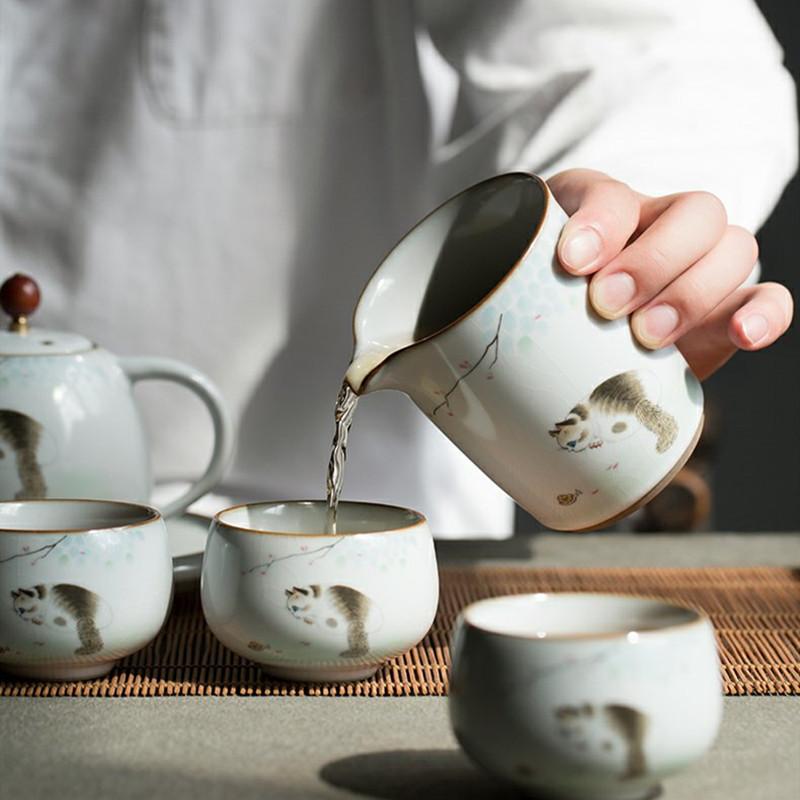Chinese Retro Ru Kiln Ceramic Fair Cup Tea Strainer Hand-painted Cute Cat Teacup Handmade Tea Infusers Tea Set Accessories