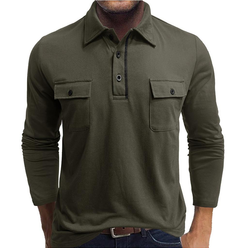 Men's Cotton Solid Color Shirt - Long-Sleeve, Spread Collar, Pocket - Outdoor Casual  Top