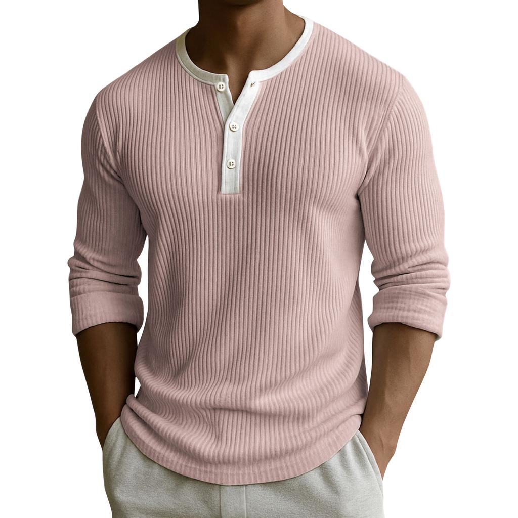 Men's Solid Color Ribbed Textured Button Down Round Neck Long Sleeved Top