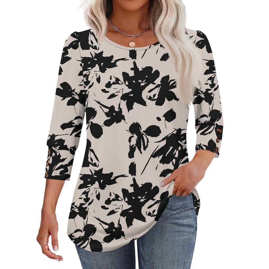Women's Fashion Casual Vintage Floral Print Round Neck Sevenfold Sleeve T-shirt Top