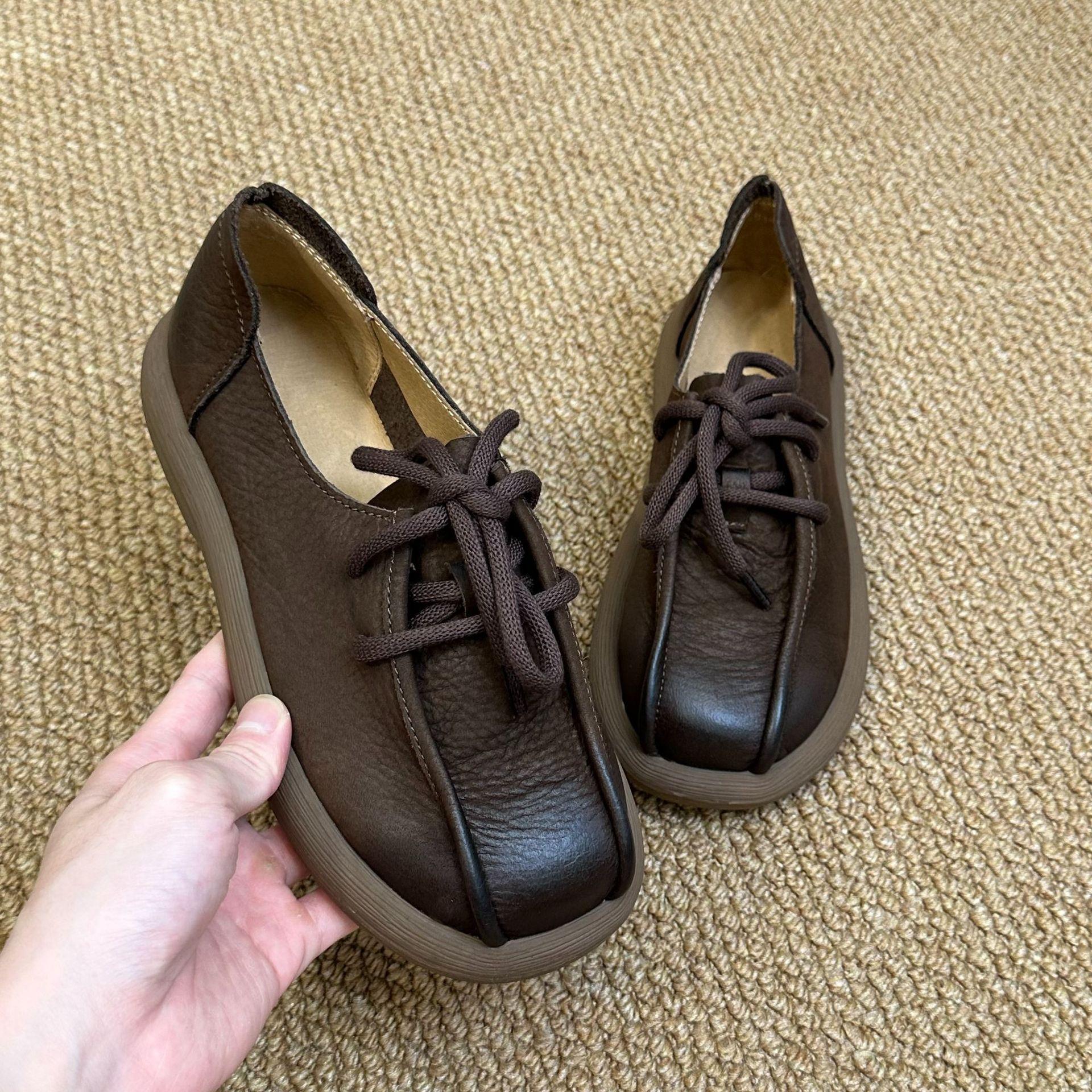 

Johnature Retro Cowhide Flat Women s Shoes Genuine Leather Round Toe Lace Up Thick Soled Shoes 35 кофейный