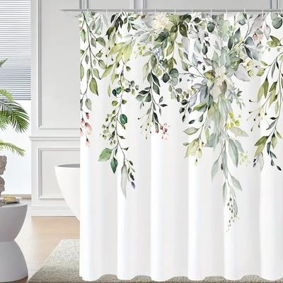 1PC Plant Floral Shower Curtain with Plastic Hook - Modern Abstract Floral Design, Chic Bathroom Decoration