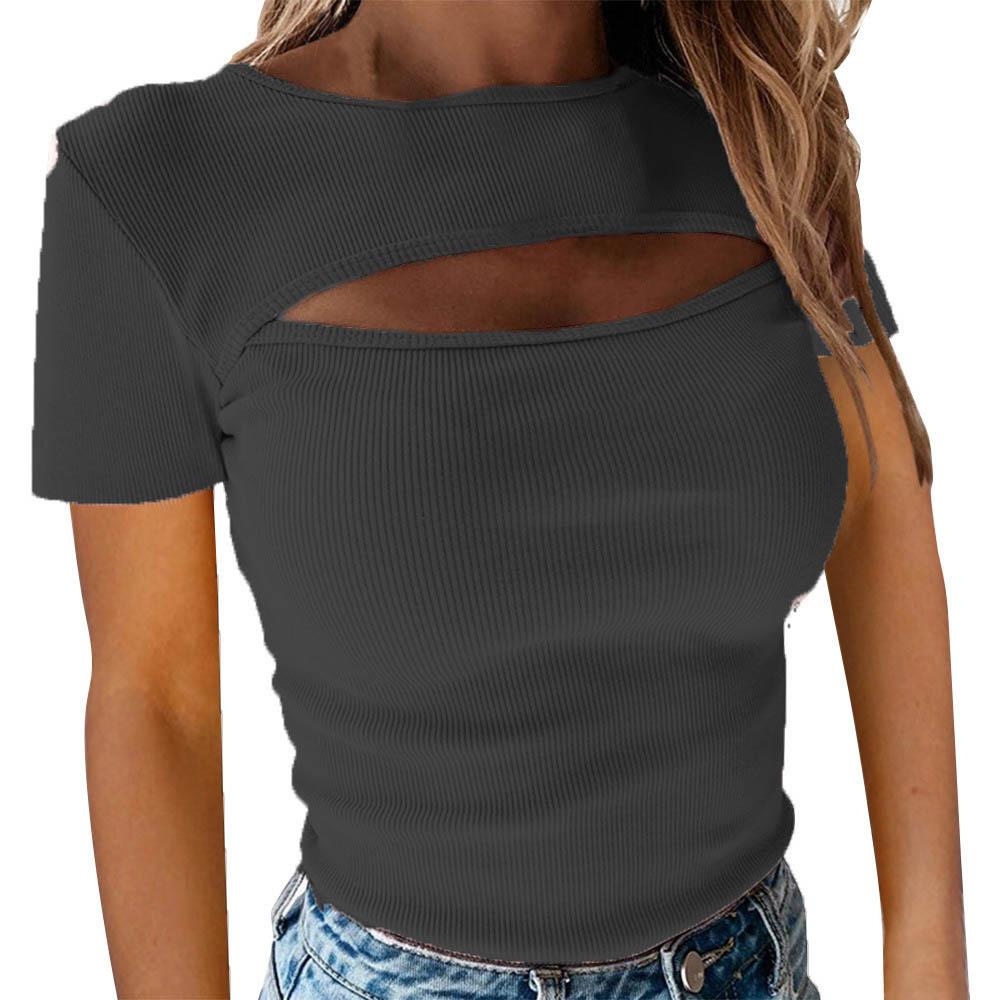 Women Solid Color Tops Autumn Winter Sexy Slim Fit Shirts Short Sleeved Blouses Ladies T-shirt