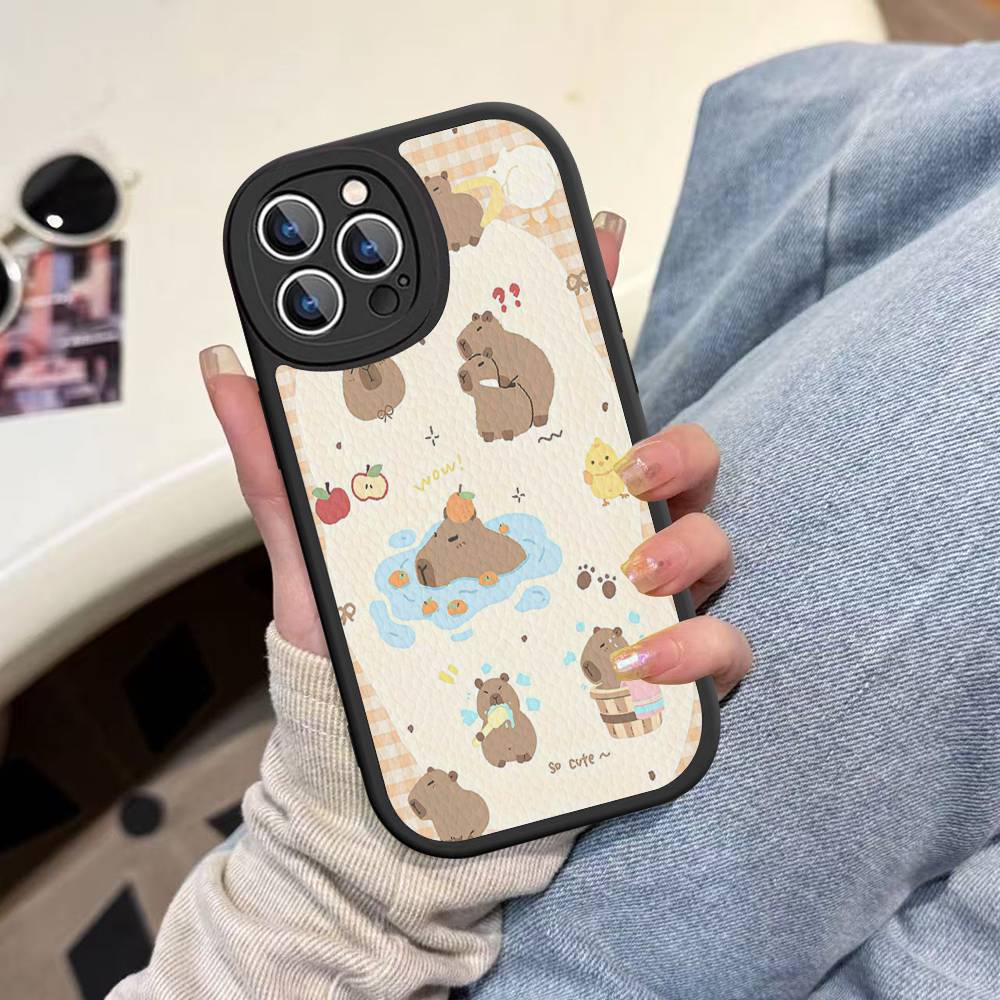 Cartoon Capybara Leather Phone Case For IPhone 16 16e 15 14 13 12 11 Pro Max Plus Mini Cover