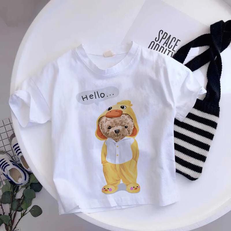 Girls Fashionable Pure Cotton TShirt with Teddy Bear Cartoon Pattern Summer Clothing Fun Childrens Wear Y2K Style