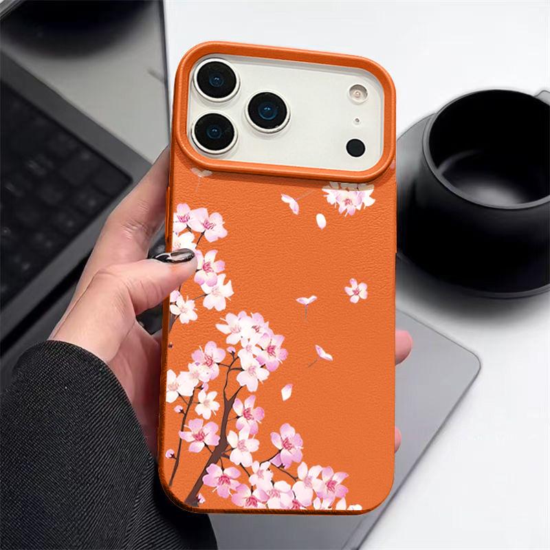 Pink Peach Blossoms Floral Pattern Case For iPhone 17 Pro Max Funda iPhone 16 Pro Max 15 14 13 12 11 Air 16E Leather Texture Silicone Cover