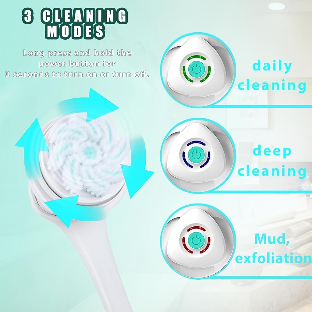 6-in-1 Rechargeable Electric Shower Brush Set for Full Body & Back - USB Powered  Detachable Long Handle & Exfoliating Silicone Brush