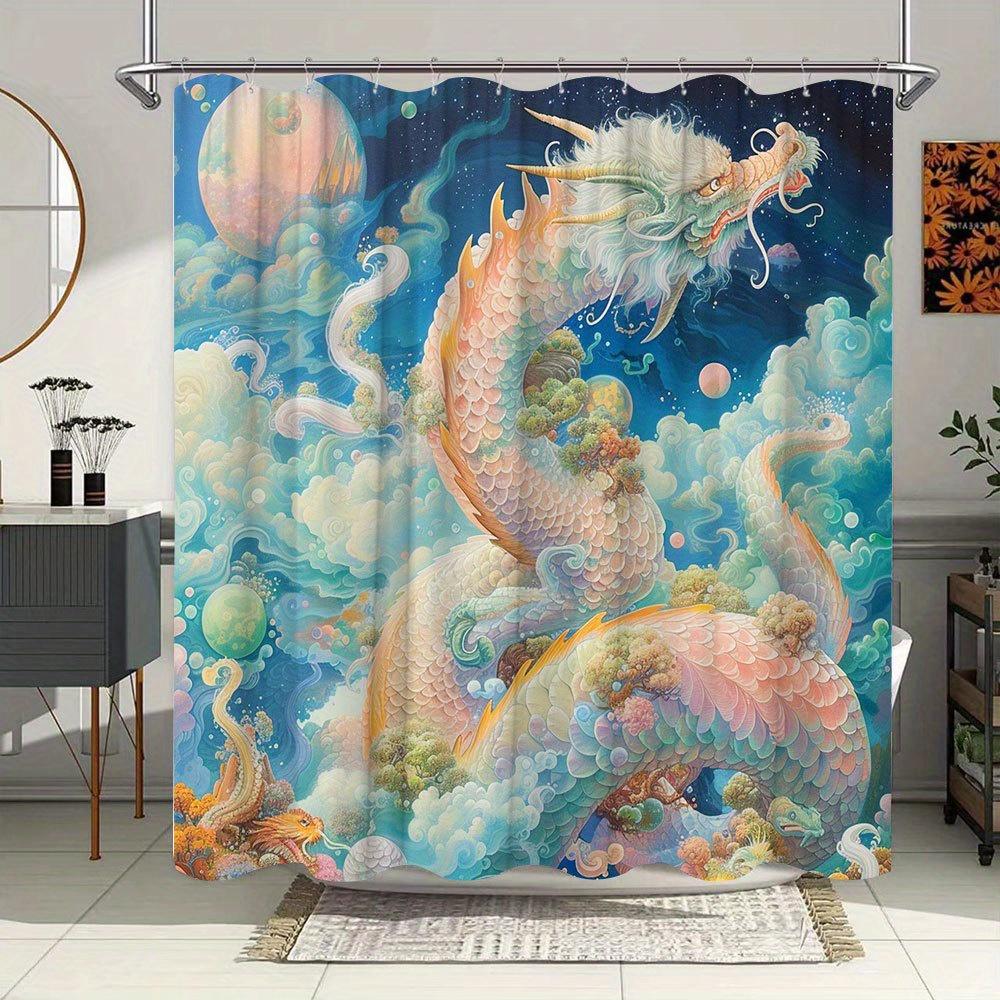 1pc Cosmic Dragon Bath Curtain - Vibrant Fantasy Art Design with Pink, Green & Golden Scales, Starry Night Sky & Celestial Eleme