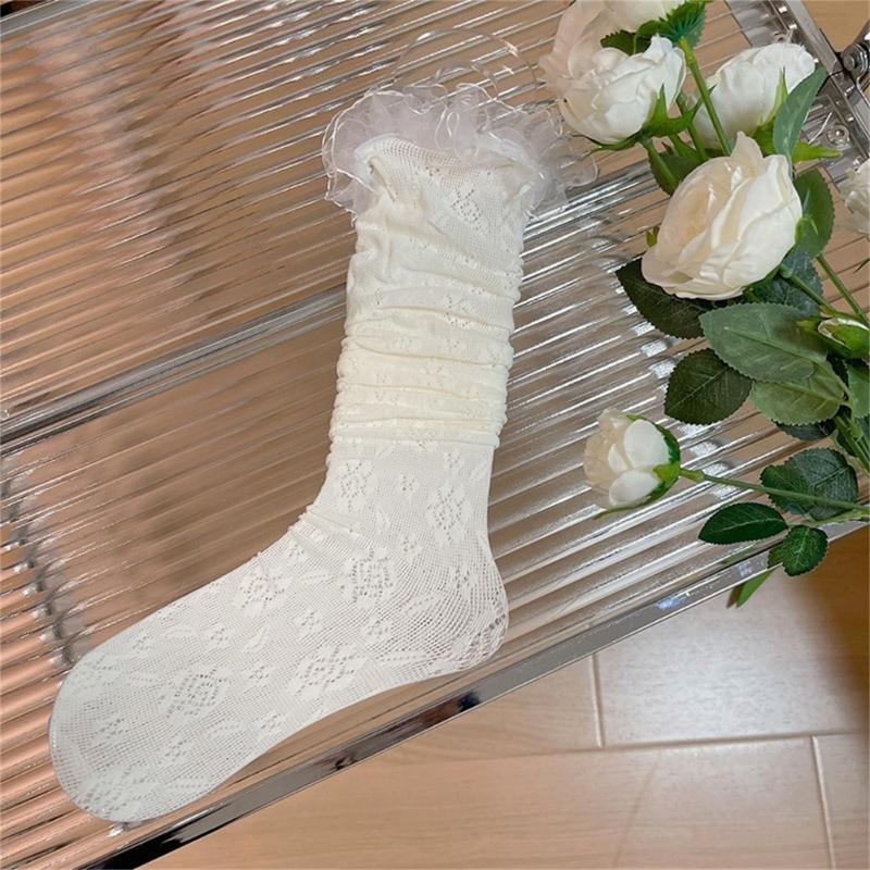 Japanese Fishnet Mesh Thigh High Stockings for Women Girl Flower Pattern Ruffle Lace Trim Frilly Over Knee Long Socks