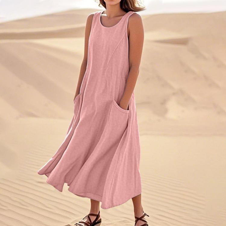 Women Solid Color Casual Round Neck Dress Sleeveless Cotton Pocket S розовый