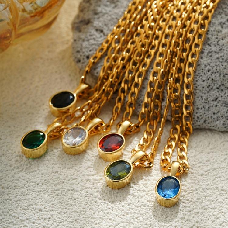 Comfortable Lightweight Oval Zirconia Pendant Necklace for Daily Use on Stainless Steel Gold Plated Chain