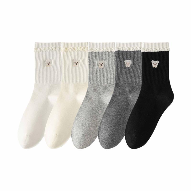 Female Spring and Autumn Cartoon Bear Embroidery Cute Bubble Mouth Boneless Lace In The Tube Pile Socks