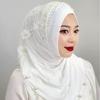 Ramadan Hijab Breathable Islamic Headscarf Beaded Flower Turban Headband Shawl Solid Color Head Wraps Hat
