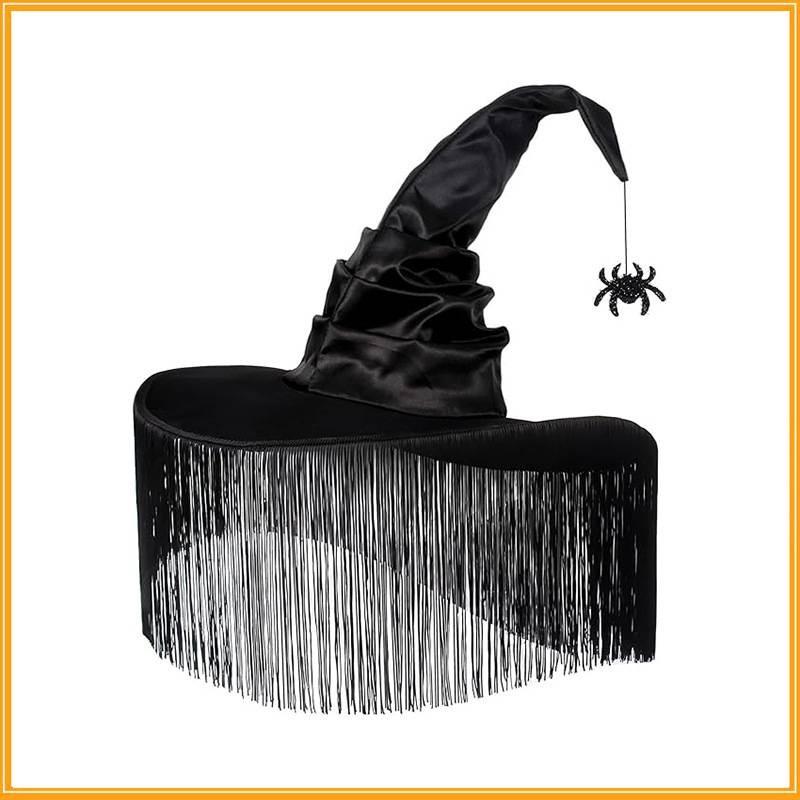 

Pleated Black Halloween Fringe Hat Party Witch Face Cover Decorative Headdress Spider