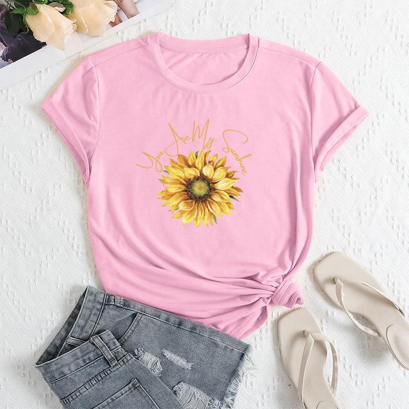 Summer Women's Fashionable Sunflower Print Short Sleeved Casual Loose Cotton Round Neck Top