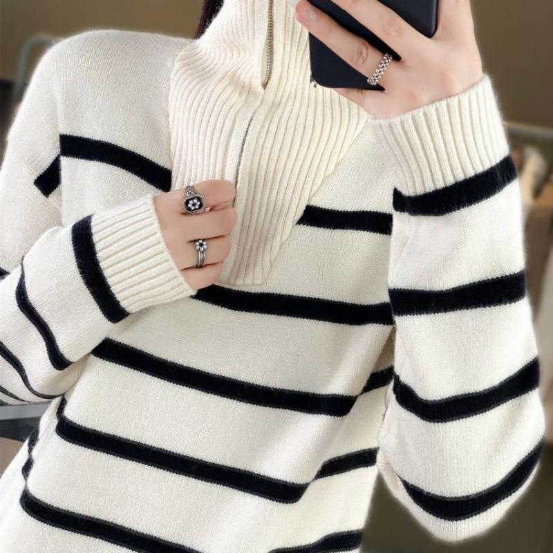 Autumn and winter new thickened striped turtleneck zipper women's long-sleeved knitted sweater lapel color strip pullover bottoming shirt