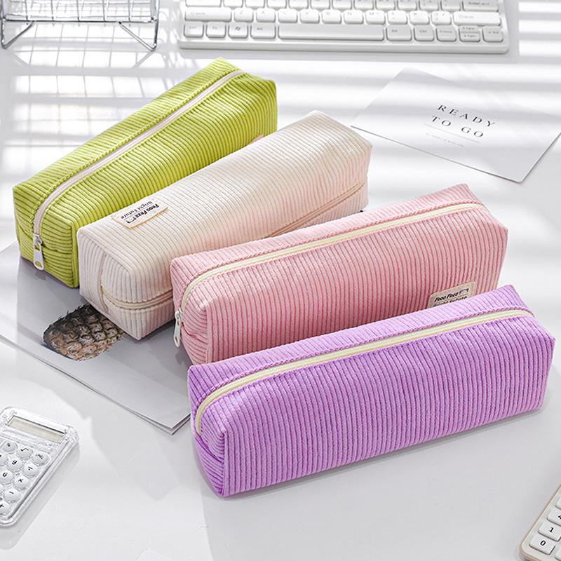 Vintage Corduroy Solid Color Pen Holder Minimalist Office Storage Bag Chic Pencil Pouch High Capacity Pen Case