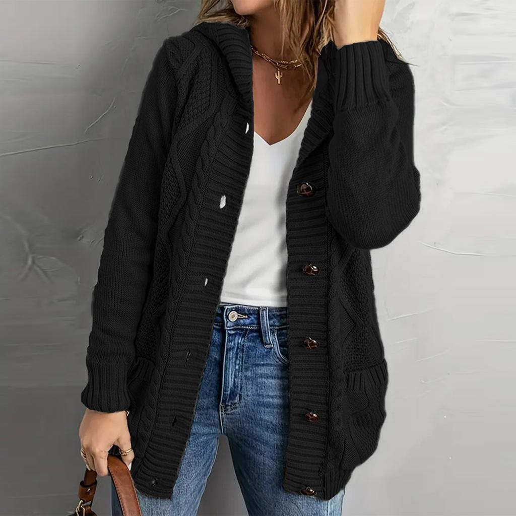 Women's Solid Color Long Sleeved Casual Pocket Knitted Sweater Cardigan Jacket