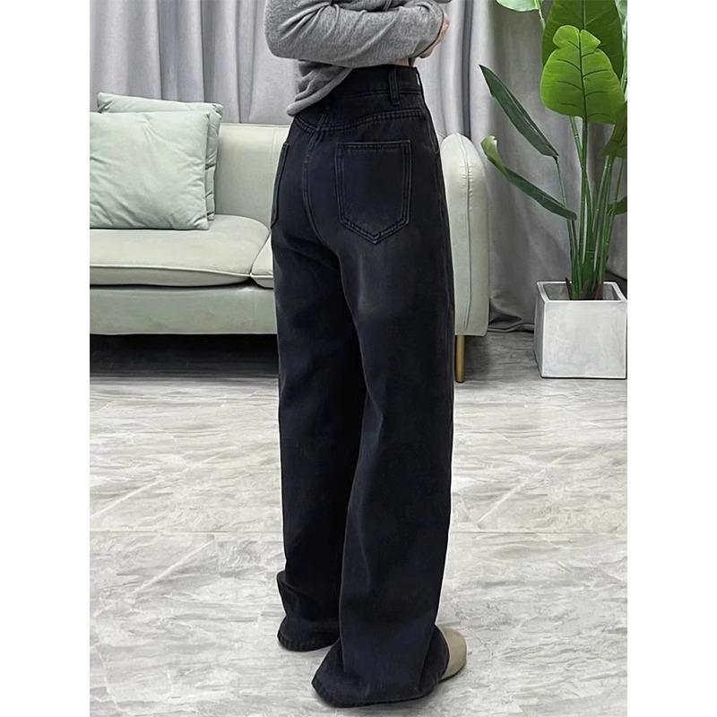 Women's Plus-Size Black-Gray Wide-Leg Jeans with Velvet, Slimming, Loose Fit for Autumn and Winter