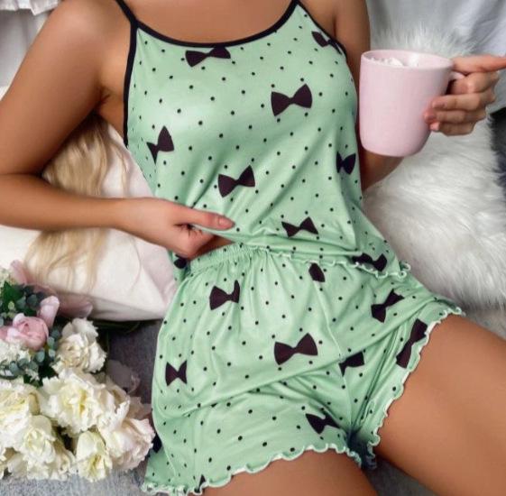 European and American Heart Print Summer Camisole and Shorts Set - Women's Casual Home Wear