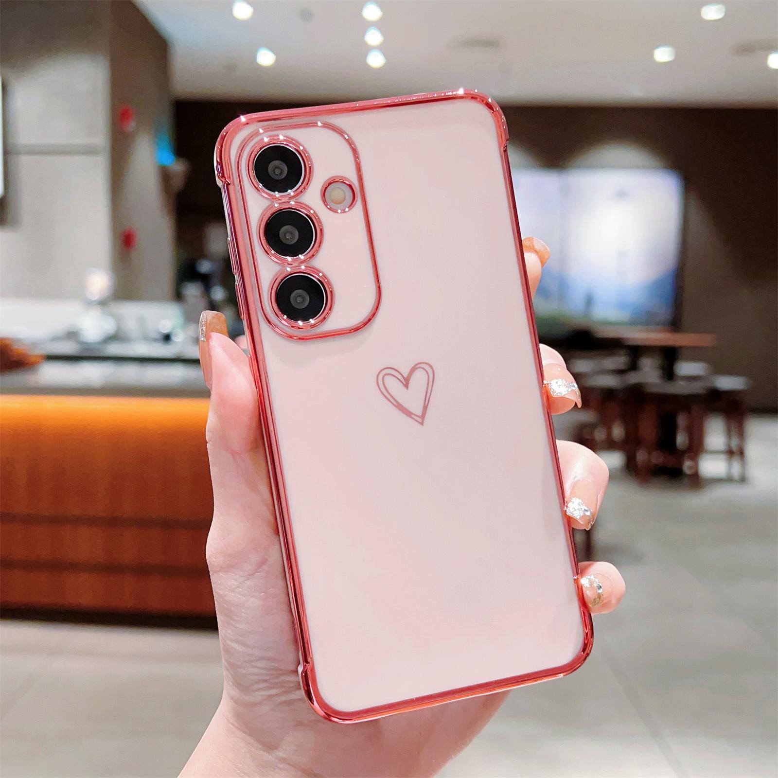 

For Samsung Galaxy S25 Case Love Heart Pattern TPU Phone Cover Electroplating Edge Pink