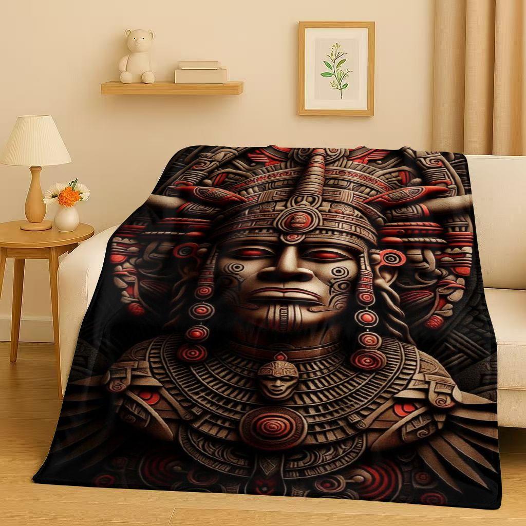 Retro Aztec Totem Maya Mask Sun God Flannel Blanket,Ultra Soft Warm Plush Throw for Home Bedroom Bed Sofa Cover Office Gift Kids