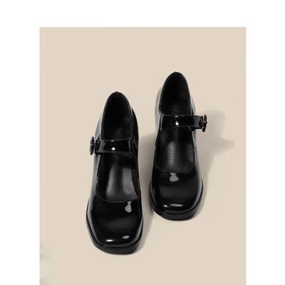 Chaussures Mary Jane pour femmes, style britannique rétro + talon haut noir, un bouton, talon épais, tête carrée, chaussures simples pour femmes
