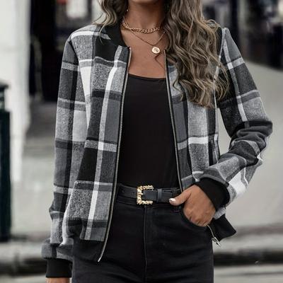 Giacca Bomber con Stampa a Quadri, Capispalla Casual con Cerniera a Maniche Lunghe, Abbigliamento da Donna