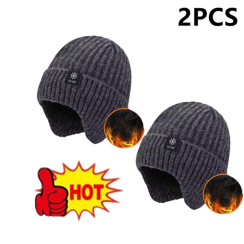 1/2Pcs Winter Warm Hat for Middle-Aged Elderly Men Thickened Knitted Wool Beanie with Ear Protection Cold Weather Cap