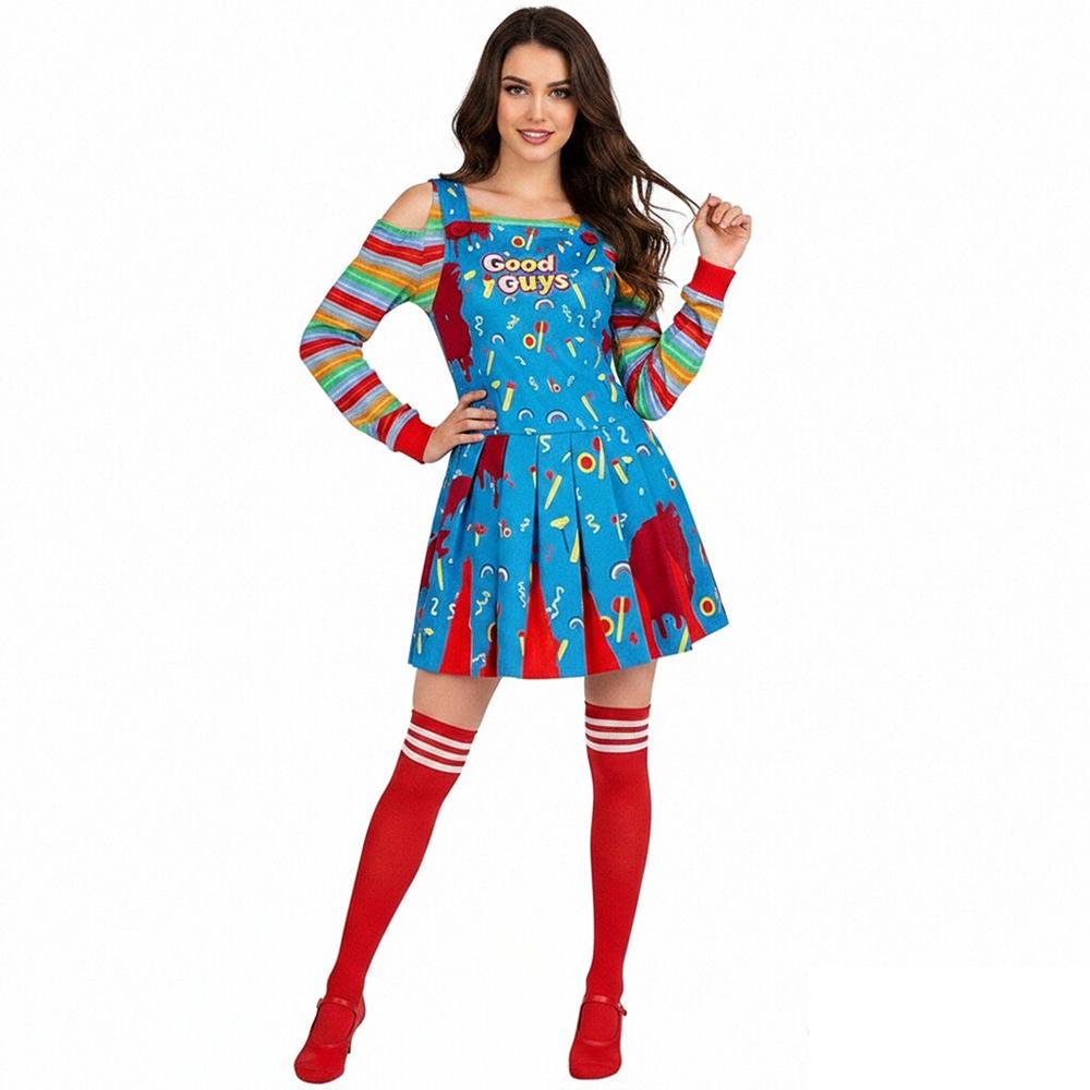 Scary Doll Cosplay Dress Women Horror Doll Halloween Themed Costume Dress Rainbow Stripe Off Shoulder Top Suspender Skirt Socks