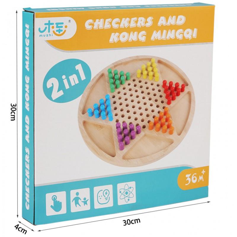 Jogo de Damas de Madeira de Dupla Função Jogo de Damas Chinês para Crianças de 4 a 6 Anos Brinquedo Educacional de Tabuleiro de Estratégia para Jogar em Família