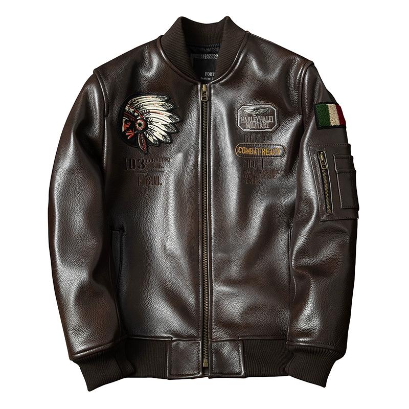 Чоловіча куртка з натуральної шкіри, зерниста коров'яча шкіра, вощена, індійський льотний бомбер, бейсбольна куртка, великий розмір