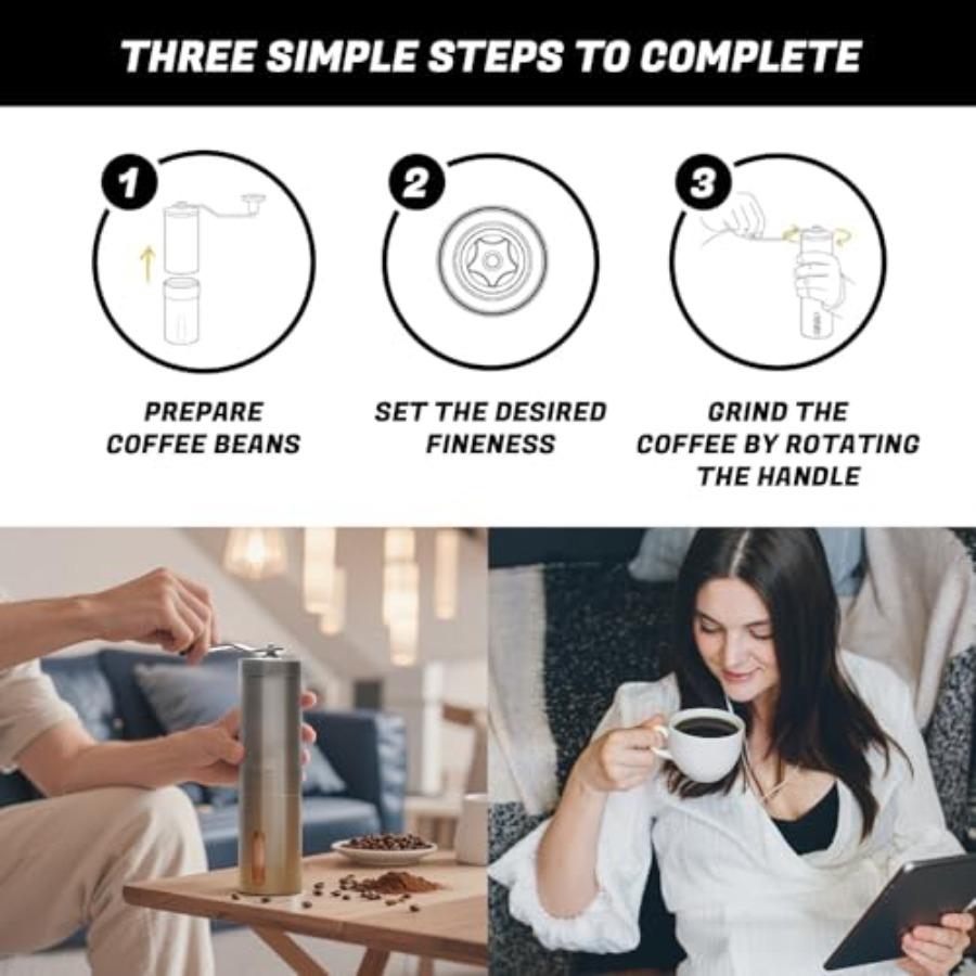 Portable Manual Coffee Grinder with Ceramic Conical Burr for Espresso Drip French Press - Adjustable Coarseness Setting - Hand